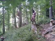 Standing pissing in a woods in a bunny mask and fishnet 16/16