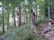 I masturbate and stick a dildo in my pussy while standing on a wooden stump 10/16