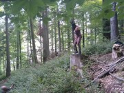 I masturbate and stick a dildo in my pussy while standing on a wooden stump 6/16