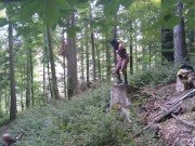 I masturbate and stick a dildo in my pussy while standing on a wooden stump 8/16