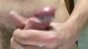 Uncut veiny cock spilling in front my six-pack