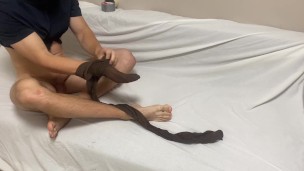 Guy in beautiful pantyhose tied himself up for sex