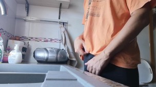 Hot guy getting hard, jerking and cumming into the kitchen sink