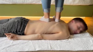 Trampling jumping in grey socks