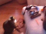 Hot girl playing with her three kittens