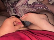 She helps him cum with her feet and his small cock spurt ropes *Very First Footjob* 5/16