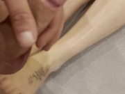 I come to jerk off on her feet and cum on her small tits while she watches TV 2/16