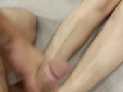 I come to jerk off on her feet and cum on her small tits while she watches TV 7/16