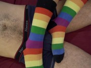 Wearing my cum-filled rainbow sock after sockjob makes him cum hard into it 1/16
