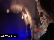 The big boobs brunette gets accompanied in the toilets 6/16