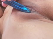 Little slut with a hairy pussy massages her clitoris with her vibrator 5/16