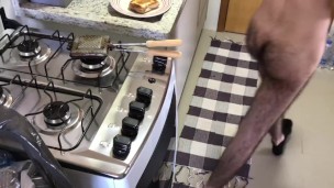 HAIRY NUDIST PREPARING BREAKFAST