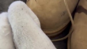 Solider accidently got cum all over his boots