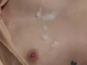 I wake her up with my cock in her mouth and I cum on her small tits 13/16