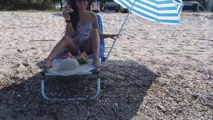 NO PANTIES and Watermelon # Pussy Flash on Beach among people