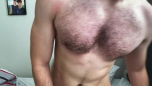 Hairy Guy Rubs his Muscles and Cums on Feet