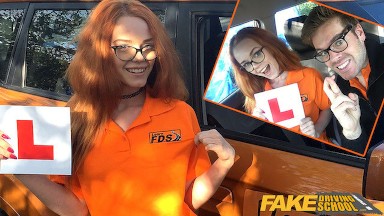 Fake Driving Instructor fucks his cute ginger teen student in the car and gives her a creampie