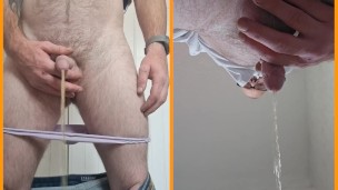Dual view pissing in the toilet