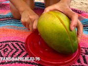 97 slut bikini milf jerk off husband on public beach and eats cum with mango OnlyFans @ Appleliu-76 2/16