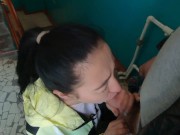 Brunette Gives Blowjob on Public Stairs and Swallows Cum 13/16