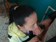 Brunette Gives Blowjob on Public Stairs and Swallows Cum 9/16