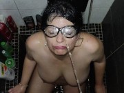 Natural tit milf uses a yelov piss in the shover to wash her face full of cum 6/16
