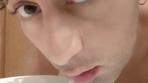 Spitting guys cum and licking it again in hotel bathroom - cum play