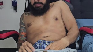 Rasta tattooed guy jerking off oiled up, two hands masturbation, cumming hard