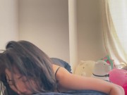 寝起きスッピンのフェラ好き彼女が彼の脇を舐めながら腰を振る♡騎乗位中出しセックス♡ 日本人　カップル　素人　主観フェラ　主観セックス　正常位 1/16