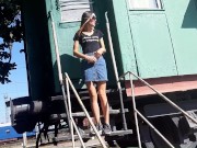 walks without panties at the train station 8/16