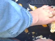 Hot blonde smashing Twinkies on pedals as she's pedal pumping 4/16