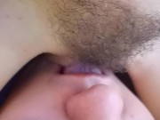 Gentle cunnilingus for the sweet hairy pussy of the whore wife.