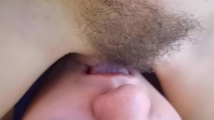 Gentle cunnilingus for the sweet hairy pussy of the whore wife.