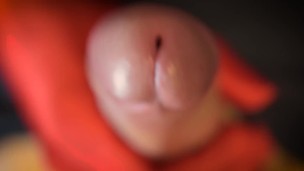 Closeup juicy cock mastrubation with red gloves