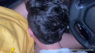 cruising uber fucks a college student bareback in the car in public and cums inside his ass outdoor