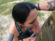 Dirtbike Brunette Sloppy Sucks Cock and Swallows Cum Outdoors 13/16