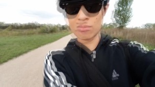 Kinky twink walks freeballing, searches to freed his soft cock outdoors a rainy day dick sticks out
