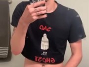 Twink jerks off until he busts on counter 16/16