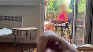 My husband is jerking off and cum in front of my stepmom a while we talk on balcony