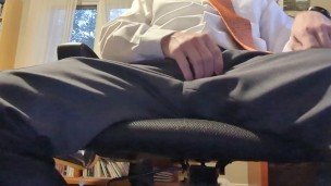Businessman cum on suit pants office chair