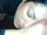 Mature milf stepmom handjob his fat cock on her forehead Big facial 7/16