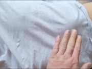 she sucks me when she wakes up and I cum on her t-shirt 13/16