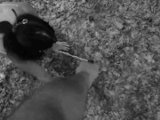 Naked submissive slut taken for a walk on a leash in forest 10/16