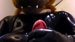 hyena fursuit jerks off and cums in latex 💦
