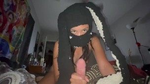 POV Asian girl in bunny mask teases cock reverse cowgirl