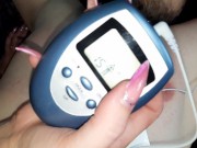 Games with electric shock on the slave's naked body. Dominatrix Nika electrocutes her submissive. 9/16