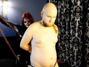 Halloween is coming! Bondage and whipping of slave. Dominatrix in a scary mask. 3/16