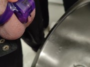 Peeing in public toilet wearing chastity with help from my gf 16/16