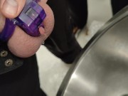 Peeing in public toilet wearing chastity with help from my gf