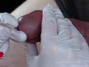 Perfect extraction of sperm directly from the urethra. Close-up of the glass straw sounding. 14/16